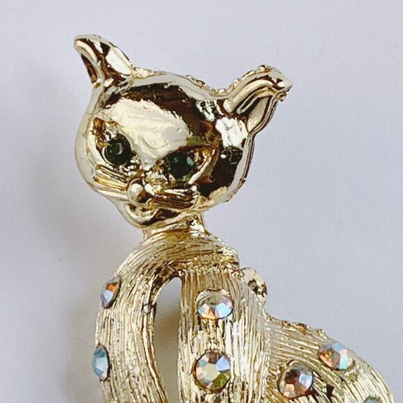 VTG Mid Century Creepy Cute Brooch Cat Figural Rhinestone Gold Tone Kitschy Pin - Picture 6 of 11